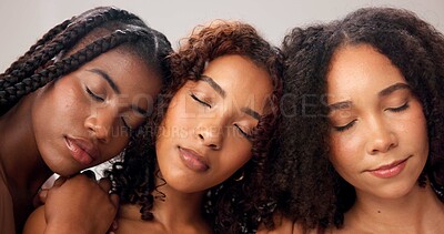 Buy stock photo Beauty, diversity and eyes closed with women in studio for skincare, inclusion and self care. Dermatology, aesthetic and solidarity with people on white background for salon, support and glow