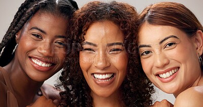 Buy stock photo Portrait, women or skincare in studio with smile for diversity, connection or bonding together. Confident, happy people or beauty aesthetic with inclusion, solidarity or unity for group empowerment.