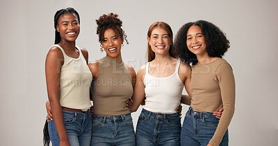 Buy stock photo Women, hug and beauty in studio, portrait and bonding with friends, diversity and happy with makeup. Cosmetics, transformation and people with smile for makeover,  white background and inclusion