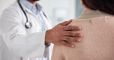 Buy stock photo Hand, doctor and woman with comfort, consultation and healing with recovery, wellness and advice. Closeup, medical service and professional with healthcare, discussion and kindness with support