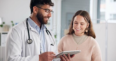 Buy stock photo Healthcare, tablet and woman with doctor in hospital for planning, research or review of records. App, medical or telehealth with man and patient in office of clinic for feedback, report or results