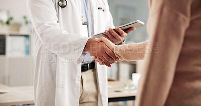 Buy stock photo Doctor, patient or handshake in office with tablet for healthcare assessment, welcome or appointment. Medical professional, people and shaking hands with tech for consultation, greeting or thank you.
