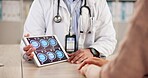 MRI, doctor or patient hands with tablet for consultation, follow up appointment or test results. Healthcare, tech or people with brain scan to monitor diagnosis, neurology clinic or xray specialist