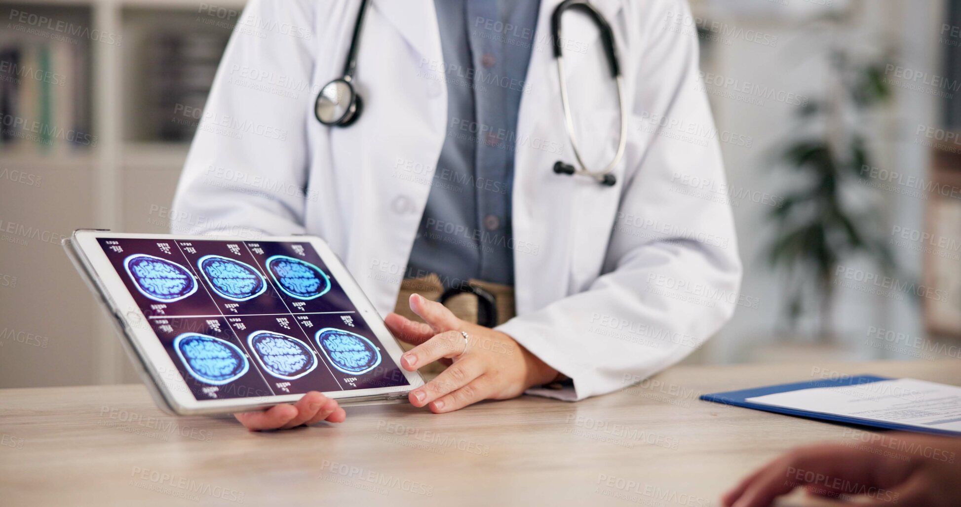 Buy stock photo Brain scan, doctor hands or patient with tablet screen for consultation, follow up appointment or result. Healthcare, tech or people with mri to monitor diagnosis, neurology clinic or xray specialist