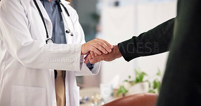 Buy stock photo Doctor, patient or holding hands in office with empathy for healthcare checkup, test results or advice. Medical professional, people or support with compassion for consultation, diagnosis or feedback