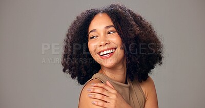 Buy stock photo Happy woman, haircare and beauty with curls in studio for fashion on a gray background. Female person, model or smile with frizz for hair style, cosmetics or skincare in salon or spa on mockup space
