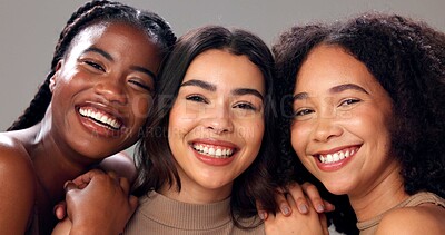 Buy stock photo Happy women, portrait and beauty with diversity, skin tone or cosmetics on studio background. Female people, interracial or multiracial with smile for skincare, health or wellness in salon or spa