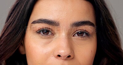 Buy stock photo Portrait, woman and eyes in studio with eyelash extension, microblading and skincare for beauty. Female person, lash lift and eyebrow transformation for makeup aesthetic, wellness and dermatology.