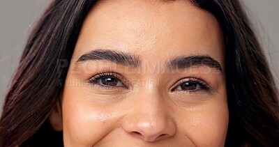 Buy stock photo Portrait, woman and eyes in studio with microblading, eyelash extension and skincare for beauty. Female person, lash lift and eyebrow transformation for makeup aesthetic, wellness and dermatology.