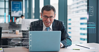 Buy stock photo Laptop, hologram and businessman on office with research for finance review with budget planning. Computer, overlay and mature male financial manager with fintech for investment proposal in workplace