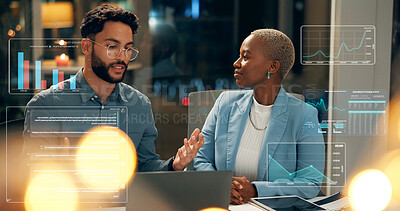 Buy stock photo Stock exchange, night or business people with laptop for data analysis, market research or teamwork. Investment growth, bokeh or brokers talk with tech for late trade choice, charts or graphs overlay