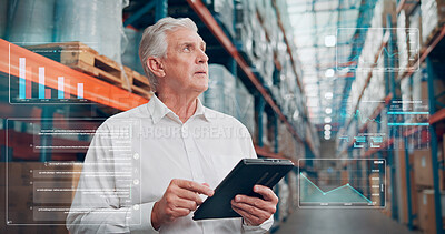 Buy stock photo Thinking, tablet and man with overlay in warehouse for logistics data, inventory metrics or stock. Technology, mature person and shipping app for planning storage, distribution chart or inspection