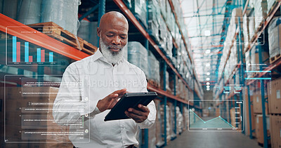 Buy stock photo Shipping, tablet and black man with overlay in warehouse for data, inventory metrics or stock. Technology, mature person and logistics app for planning storage, distribution chart or supply chain