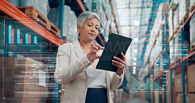 Buy stock photo Logistics, tablet and woman with data overlay in warehouse for inventory metrics, stock or planning. Technology, mature person and storage management for shipping, distribution chart or supply chain