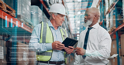 Buy stock photo Shipping, people or talk in warehouse with tablet for logistics, supply chain or stats overlay. Manager, team or discussion in factory with tech for graphs, distribution inspection or quality control