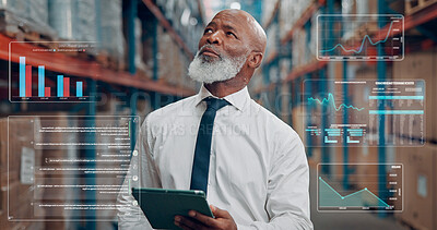 Buy stock photo Planning, overlay and black man in warehouse with tablet for online order information with logistics. Digital technology, statistics and mature supply chain employee with idea for delivery at factory