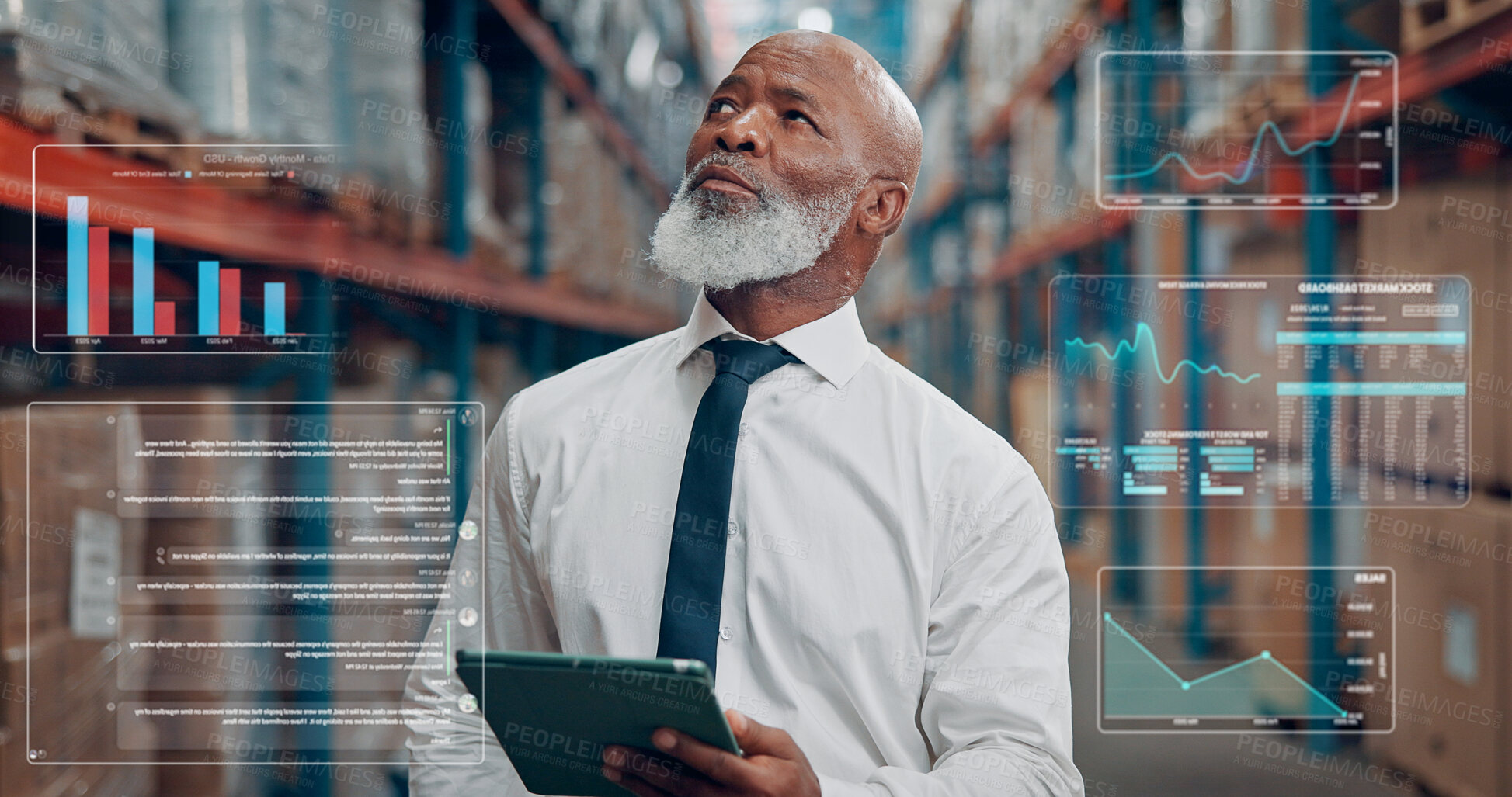 Buy stock photo Planning, overlay and black man in warehouse with tablet for online order information with logistics. Digital technology, statistics and mature supply chain employee with idea for delivery at factory