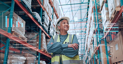 Buy stock photo Thinking, woman and smile in warehouse with arms crossed for logistics, supply chain and stats overlay. Confident, mature person and reflection in factory with graphs, distribution and shipping info.