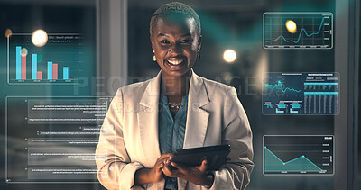 Buy stock photo Night, portrait and black woman with tablet, hologram and graphs with financial advisor. Evening, African person or investor in office, tech or charts for wealth management, revenue data  or increase