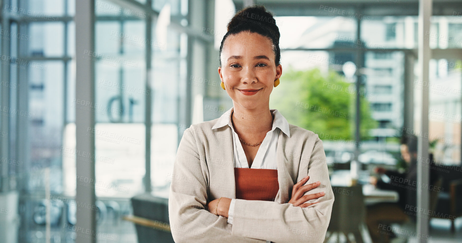 Buy stock photo Crossed arms, happy and portrait of businesswoman in office with confidence for creative career. Smile, professional and female magazine editor with pride for job development in workplace in Colombia