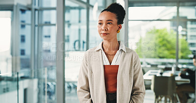 Buy stock photo Lobby, thinking and business woman serious in office for future, planning or vision of career development. Idea, opportunity and optimism with happy creative employee in workplace for inspiration