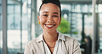 Portrait, creative and woman with smile in office for career pride, about us and reporting news. Happy, person and confident with ambition, copywriting experience and journalist at publication agency