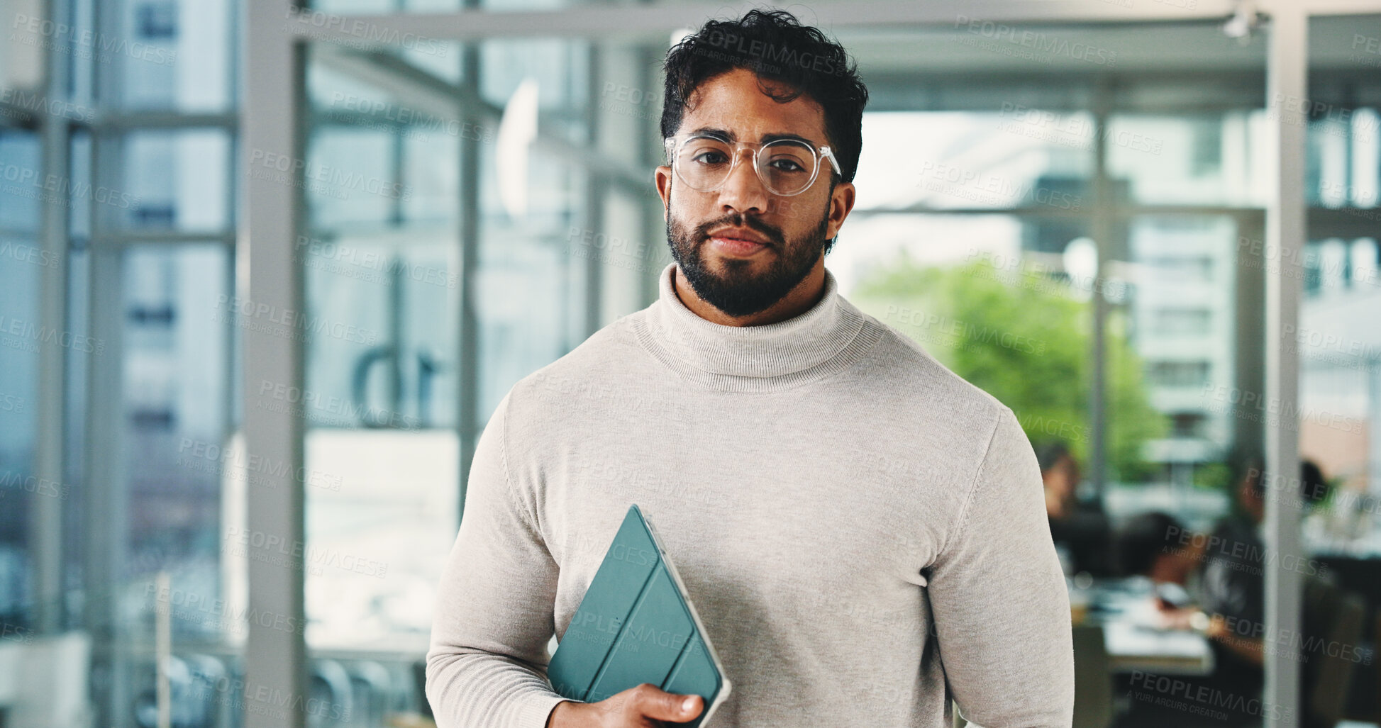 Buy stock photo Portrait, employee and man with tablet, office and pride for financial growth and career development. Corporate, investment banker and person with opportunity for business, confident and ambitious