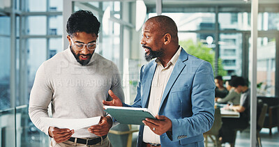 Buy stock photo Financial advisor, tablet and men with documents, conversation and feedback for investment deal. People, investors and employees in office, tech and teamwork with email for trading portfolio and app