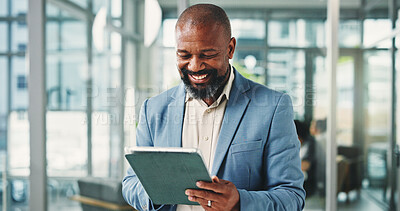 Buy stock photo Tablet, business and happy black man in company for financial report, email or communication. Tech, mature consultant and person in office with investment feedback, wealth management or research