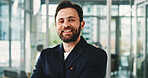 Portrait, business and man with smile in office for career pride, about us and reporting news. Happy, journalist and confident with ambition, copywriting experience and employee at publication agency
