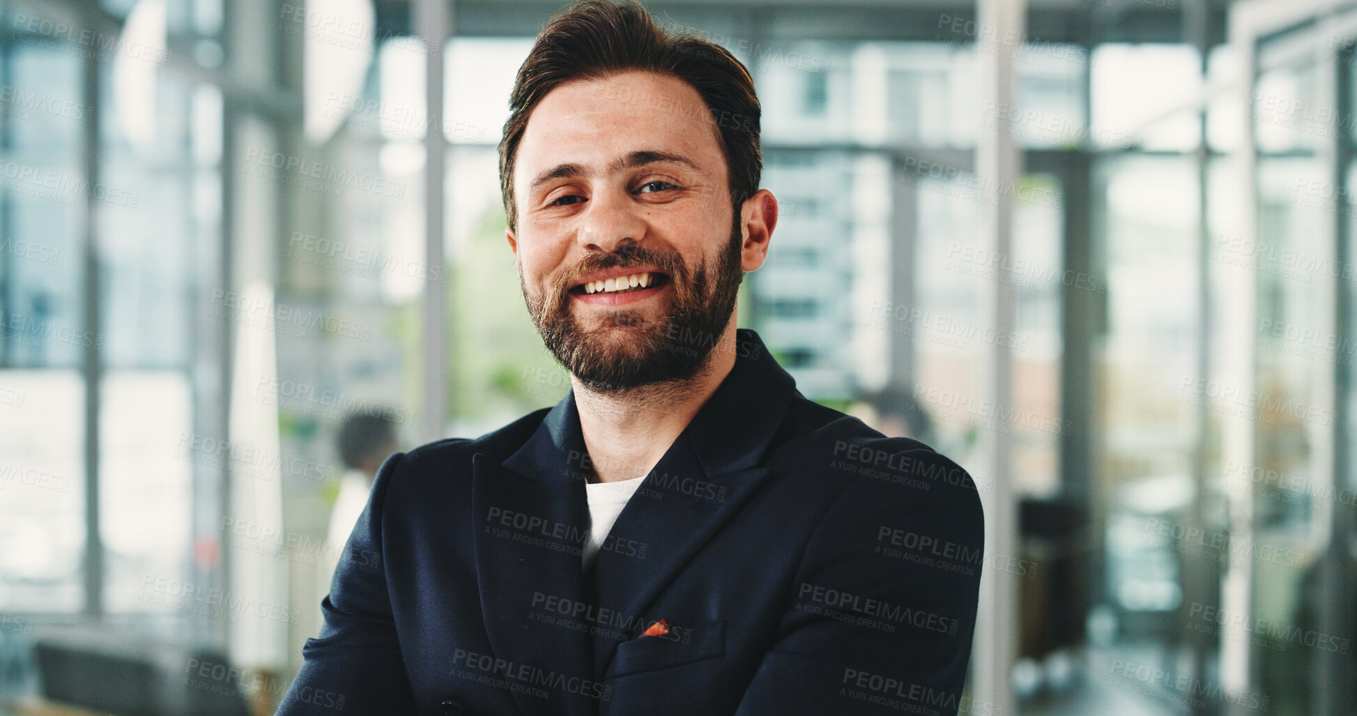Buy stock photo Portrait, business and man with smile in office for career pride, about us and reporting news. Happy, journalist and confident with ambition, copywriting experience and employee at publication agency