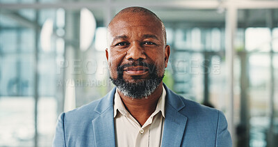 Buy stock photo Smile, professional and portrait of mature black man in office with confidence for finance career. Happy, face and African financial manager with pride for job development in workplace in Kenya.