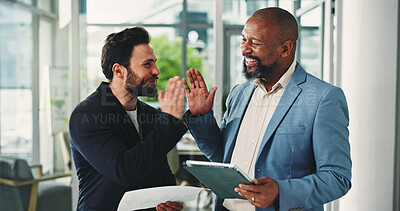 Buy stock photo Tablet, business men and high five in office for success, project approval and financial data. Tech, paperwork and celebration with team at work for investment profit, graphs or excited for goal