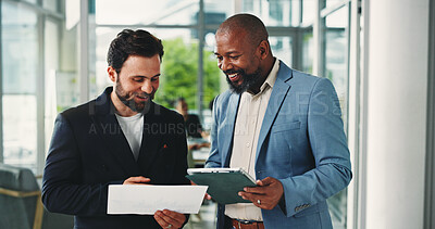 Buy stock photo Financial advisor, tablet and men with documents, discussion and email for investment deal. People, investors and employees in office, tech and teamwork with checklist for trading portfolio and app