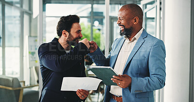 Buy stock photo Businessman, fist bump and celebration with team, tablet and documents with financial review at office. People, excited and motivation with goals, profit or results for revenue at investment agency