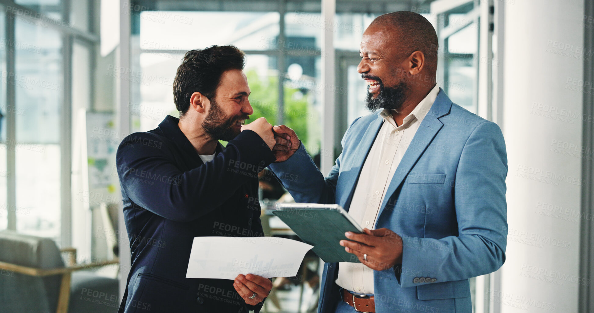 Buy stock photo Businessman, fist bump and celebration with team, tablet and documents with financial review at office. People, excited and motivation with goals, profit or results for revenue at investment agency