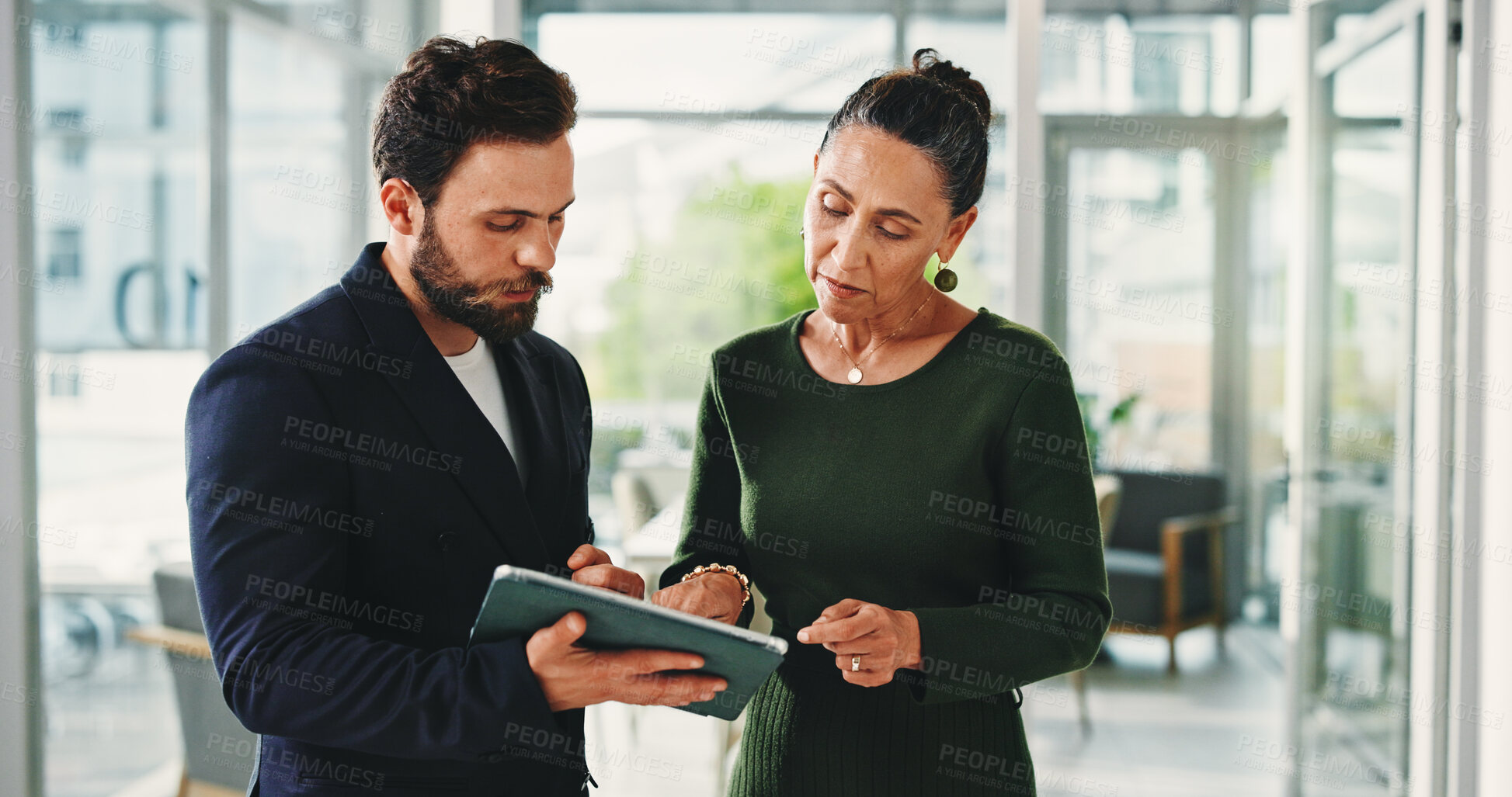Buy stock photo Team, man and woman with tablet, office and planning for investment proposal on website and meeting. Business, financial analyst and people with tech for project, collaboration and strategy 