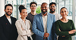 Happy, crossed arms and portrait of business people in office with manager for company about us. Smile, collaboration and team of professional attorneys with pride for law career in workplace.