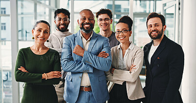 Buy stock photo Smile, crossed arms and portrait of business people in office with manager for about us at law company. Happy, corporate and team of professional attorneys with pride for legal career in workplace.