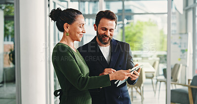 Buy stock photo Business, team or happy with tablet in office for trading profit, market interest or price target. Trader, people or discussion with tech for portfolio performance, risk management or stocks feedback