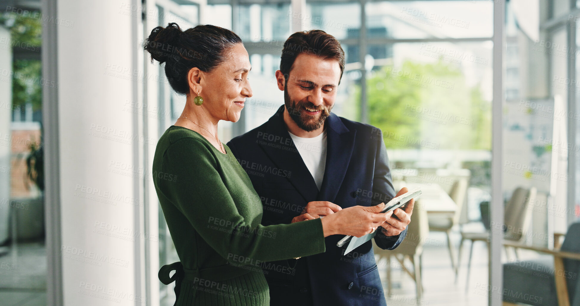 Buy stock photo Business, team or happy with tablet in office for trading profit, market interest or price target. Trader, people or discussion with tech for portfolio performance, risk management or stocks feedback