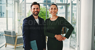 Buy stock photo Happy, business people and smile with portrait for about us, corporate career and finance ambition. Accountant, man and woman with confidence, investment consultant and asset management in office
