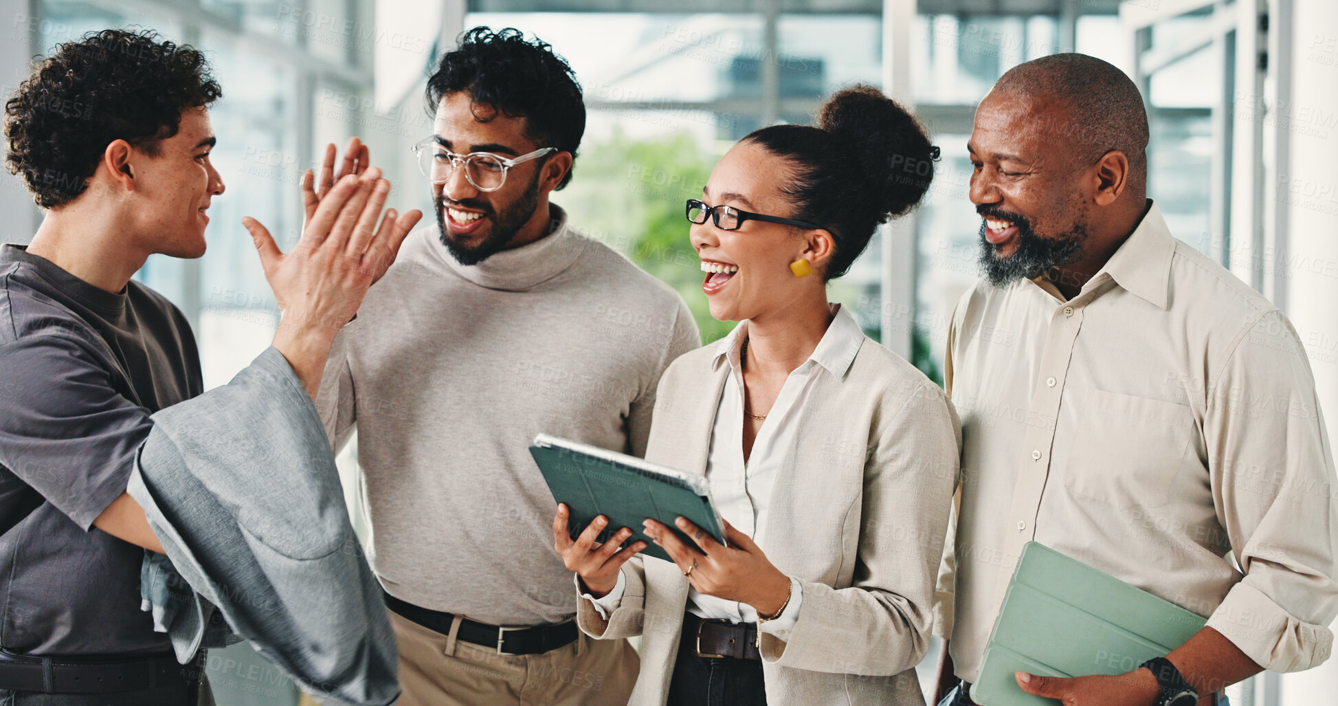 Buy stock photo Business people, high five and celebration with team, tablet or achievement with financial job at office. Group, broker and advisor with motivation with goals, profit or success at investment agency