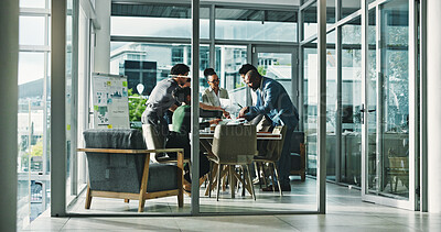 Buy stock photo Business people, meeting and discussion with documents for analytics, performance or statistics. Group, employees or conversation with paperwork for corporate analysis, review or data in workplace