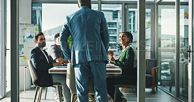 Buy stock photo Man, presentation and team at office meeting, discussion and review with attention at finance company. Person, speaker and back with group, feedback and planning for strategy at investment agency