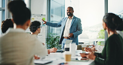 Buy stock photo Businessman, presentation or meeting with whiteboard for business discussion or planning in office. Man, employee or coach with team for project brainstorming, staff training or workshop in workplace