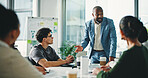 Businessman, presentation or meeting with team, whiteboard or planning for project in office. Man, employee or coach with group for brainstorming, staff training or business workshop in workplace