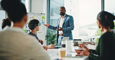 Buy stock photo Presentation, discussion and business people in office for planning with finance review of company. Meeting, whiteboard and financial advisors with investment proposal in collaboration in workplace.