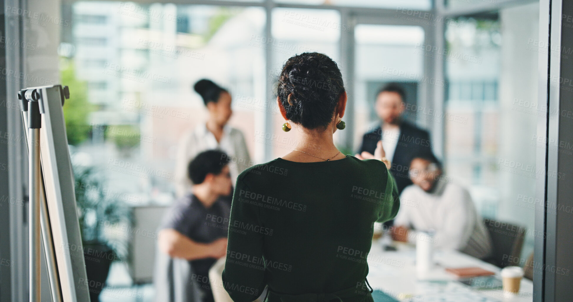 Buy stock photo Business woman, back view and presentation with team for meeting, project management or delegation. Female person, employee or coordinator with group for brainstorming strategy or tasks in workplace