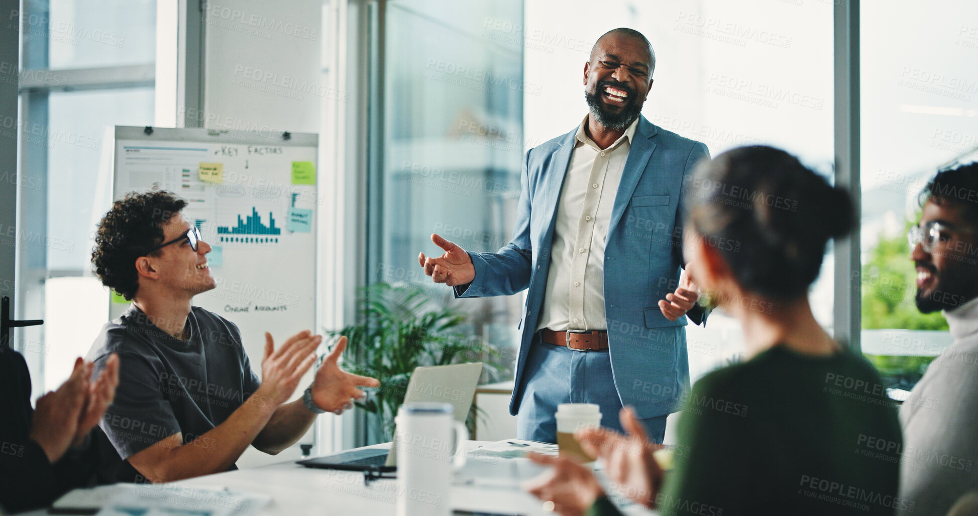 Buy stock photo Presentation, applause and business people in office for planning with finance review of company. Clapping hands, whiteboard and financial advisors with investment data, graphs or charts in workplace